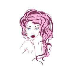 Beautiful girl with long pink hair.  Fashion woman abstract female portrait, isolated vector illustration. Tattoo, print and logo design for spa or beauty salon.