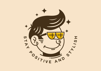 Illustration of a funny face man with retro hair wearing glasses
