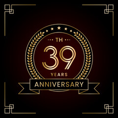 39th Anniversary Logo Design Concept with Laurel wreath for Birthday Celebration Event. Line Art Design, Logo Vector Template
