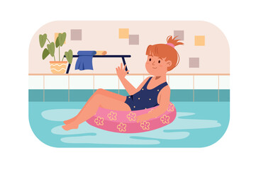 Children in swimming pool concept with people scene in flat design. Teenager girl in swimsuit floats on inflatable ring and relaxes on vacation. Vector illustration with character situation for web