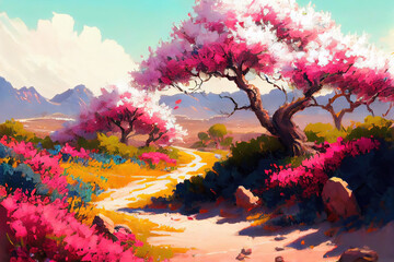 Obraz na płótnie Canvas Japanese spring meadow with cherry tree blossom (Generative AI)