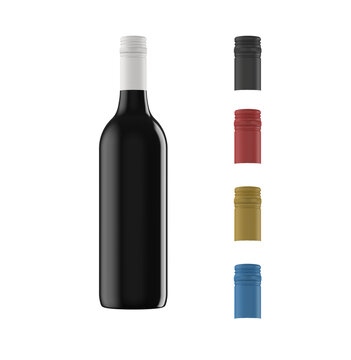 Red wine bottle, Bordolese type 75cl, with screw cap, alpha channel background, with stackable capsules on transparent, for making packshots and mockups, 3d rendering.