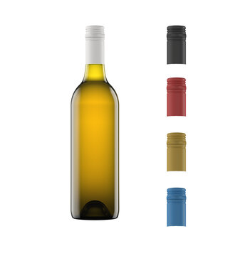 White wine bottle, Bordolese  type 75cl, with screw cap, alpha channel background, with stackable capsules on transparent, for making packshots and mockups, 3d rendering.
