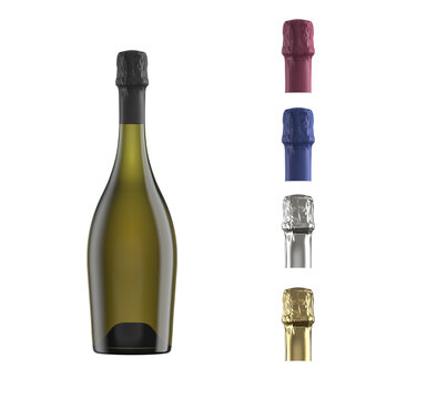 Sparkling wine champagne bottle, Borgogna elegance  type 75cl, alpha channel background, with stackable capsules on transparent, for making packshots and mockups, 3d rendering