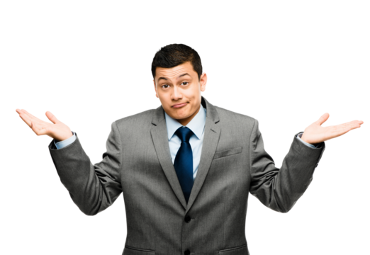 A young businessman shrugging isolated on a PNG background.