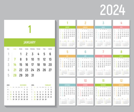 Wall monthly calendar for the year 2024. Simple monthly vertical calendar Layout for 2024 in English. Cover calendar, templates for 12 months. The week begins on Sunday. Vector