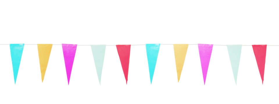 Party decoration colorful triangle flags garland, isolated on transparent background, PNG