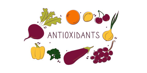 Antioxidants-containing food. Groups of healthy products containing vitamins and minerals. Set of fruits, vegetables, meats, fish and dairy.