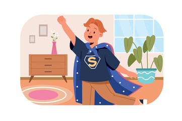 Children playing concept with people scene in flat design. Cute teenager boy in superman cape imagines and plays superheroes in room at home. Vector illustration with character situation for web
