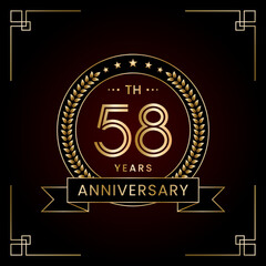 58th Anniversary Logo Design Concept with Laurel wreath for Birthday Celebration Event. Line Art Design, Logo Vector Template