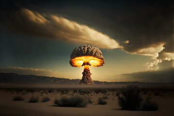 An explosion in a town's skyline making a nuclear fire mushroom cloud in an apocalyptic war. Nuclear explosion of atomic bomb in a nuclear war. 3D digital illustration.