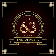 63th Anniversary Logo Design Concept with Laurel wreath for Birthday Celebration Event. Line Art Design, Logo Vector Template