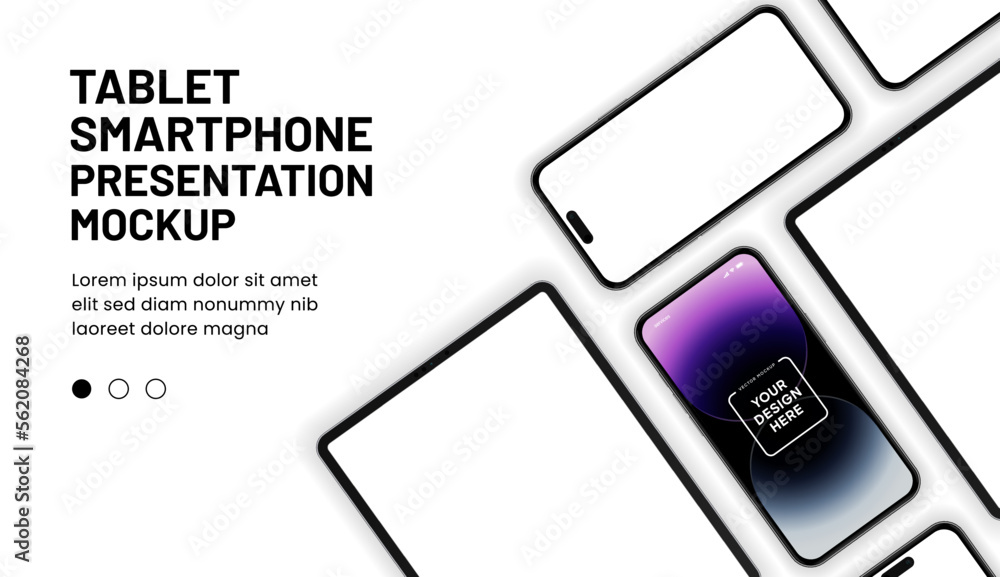 Poster Modern laptop mockup front view and smartphone mockup high quality isolated on white background. Notebook mockup and phone device mockup for ui ux app and website presentation Stock Vector.