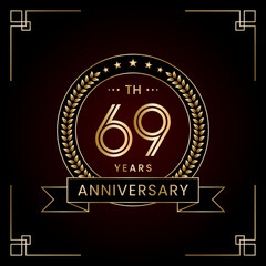 69th Anniversary Logo Design Concept with Laurel wreath for Birthday Celebration Event. Line Art Design, Logo Vector Template