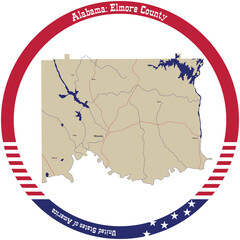 Map of Elmore county in Alabama, USA arranged in a circle.
