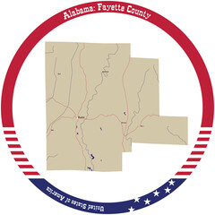 Map of Fayette county in Alabama, USA arranged in a circle.