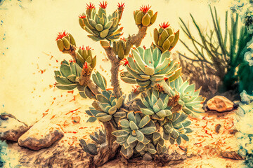 Obraz premium A close-up of a desert plant, such as a cactus or a Joshua tree, with intricate details and textures, ai illustration