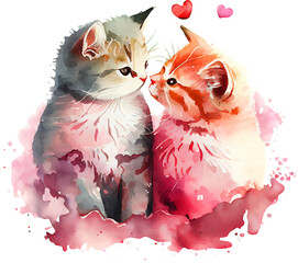 Cute Watercolor Lovely Couple of Cats Illustration Generative AI