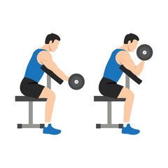 Man doing one arm dumbbell preacher curl side view. Flat vector illustration isolated on different layer. Workout character - obrazy, fototapety, plakaty