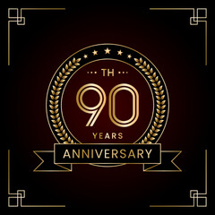 90th Anniversary Logo Design Concept with Laurel wreath for Birthday Celebration Event. Line Art Design, Logo Vector Template