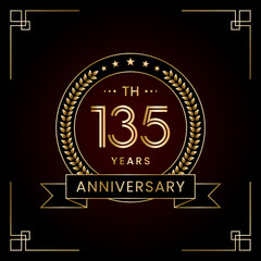 135th Anniversary Logo Design Concept with Laurel wreath for Birthday Celebration Event. Line Art Design, Logo Vector Template