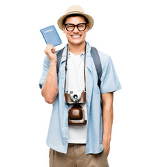 A young man holding his passport in excitement isolated on a PNG background. © peopleimages.com