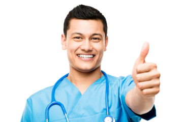 A young male nurse giving the thumbs up isolated on a PNG background.