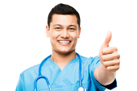 A young male nurse giving the thumbs up isolated on a PNG background. - Powered by Adobe