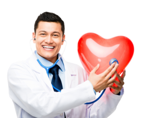 A young male doctor holding a heart isolated on a PNG background.