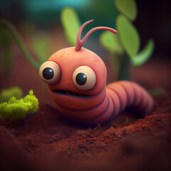 Cartoon compost worm character, cute caterpillar or earth worm 3d personage, funny crawling earthworm, larva or grub insect in garden or forest defocused background. Adorable kawaii pest , lovely bug