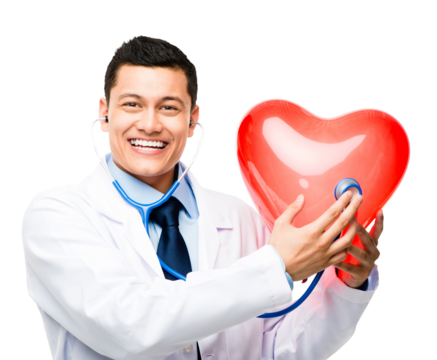 A young male doctor holding a heart isolated on a PNG background.