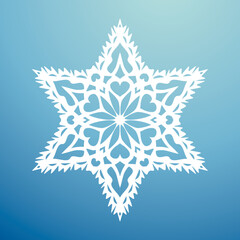 White template snowflake with shadow. Isolated snowflakes icon, round mandala. Winter Holiday cartoon flat illustration. Merry Christmas and New year Vector. Hand draw style