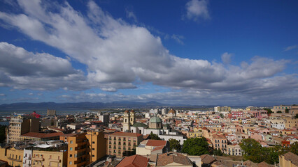 Fototapeta na wymiar Extreme wide angle overview of the city of Cagliari, Sardinia, looking towards the port