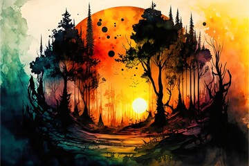 Fototapeta na wymiar Forest in sunset alcoholic ink created with AI