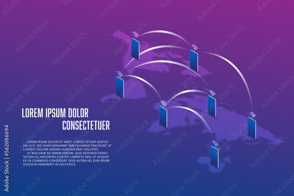 Poster vector world map and smartphone social media network connection concept. social network communicatio