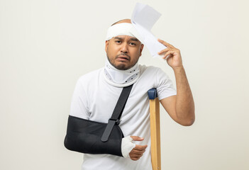 Depressed upset man suffering from pain with bill payment No money to pay for medical care. Broken...