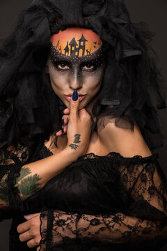 Halloween devil's bride with scary gothic makeup