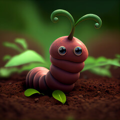 Earth worm cartoon character, cute caterpillar or compost worm. 3d funny larva or grub insect. illustration of adorable kawaii pest crawl, realistic lovely bug in garden or forest background