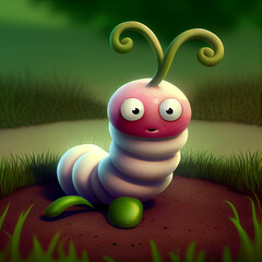 Cartoon funny worm character, cute caterpillar in nature environment, 3d personage. Kawaii pest crawl, lovely bug realistic illustration. Surprised larva or grub insect in garden or forest background