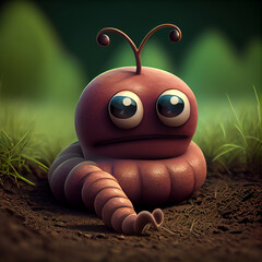 Cartoon worm character, cute lovely bug, compost earthworm 3d personage, funny sad larva or grub insect in garden or forest defocused background. Realistic illustration of adorable kawaii pest closeup