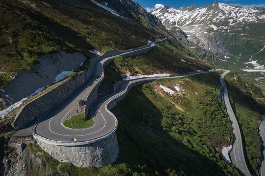 Winding road on mountainside, Obergoms VS, Valais, Switzerland