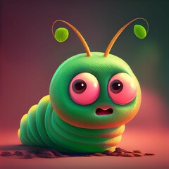 Cartoon worm character, cute green caterpillar or funny bug 3d personage, funny larva or grub, garden or forest insect on defocused background. illustration Adorable kawaii pest crawl, lovely bug