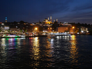 Fototapeta na wymiar Wide angle towards the Suleymaniye Mosque at night. Istanbul skyline.
