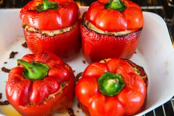 baked pepper with minced meat and rice, with the addition of mozzarella cheese