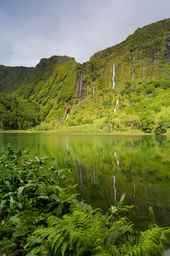 Multiple waterfalls and lagoon at Faja Grande, Ilha das Flores (Flowers Island), Azores, Portugal.