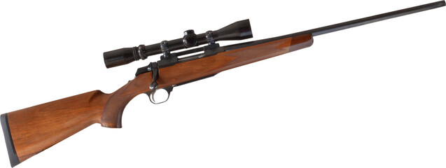 Wood stocked bolt action rifle with a scope