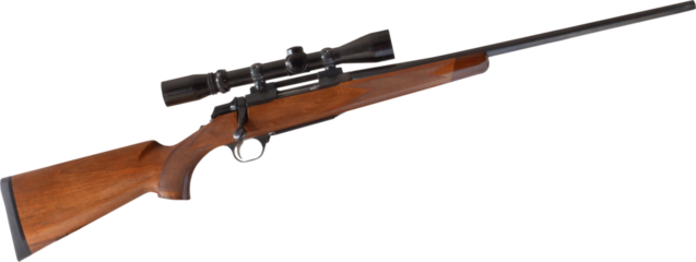 Wood stocked bolt action rifle with a scope