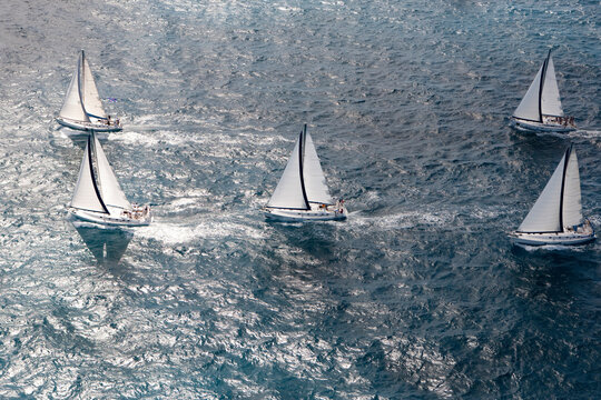 Sailing yachts on an upwind reach during a Caribbean regatta near Saint Martin.