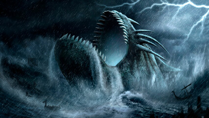 Sea fantasy landscape with a huge whale in the ocean among high waves and shipwrecks. An ancient underwater monster with sharp teeth and an open mouth attacks Viking ships during a severe storm. © Dimart_Graphics