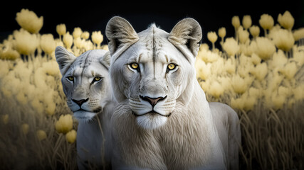 Two young white lions on a field in flowers in the savannah, wildlife animal.	